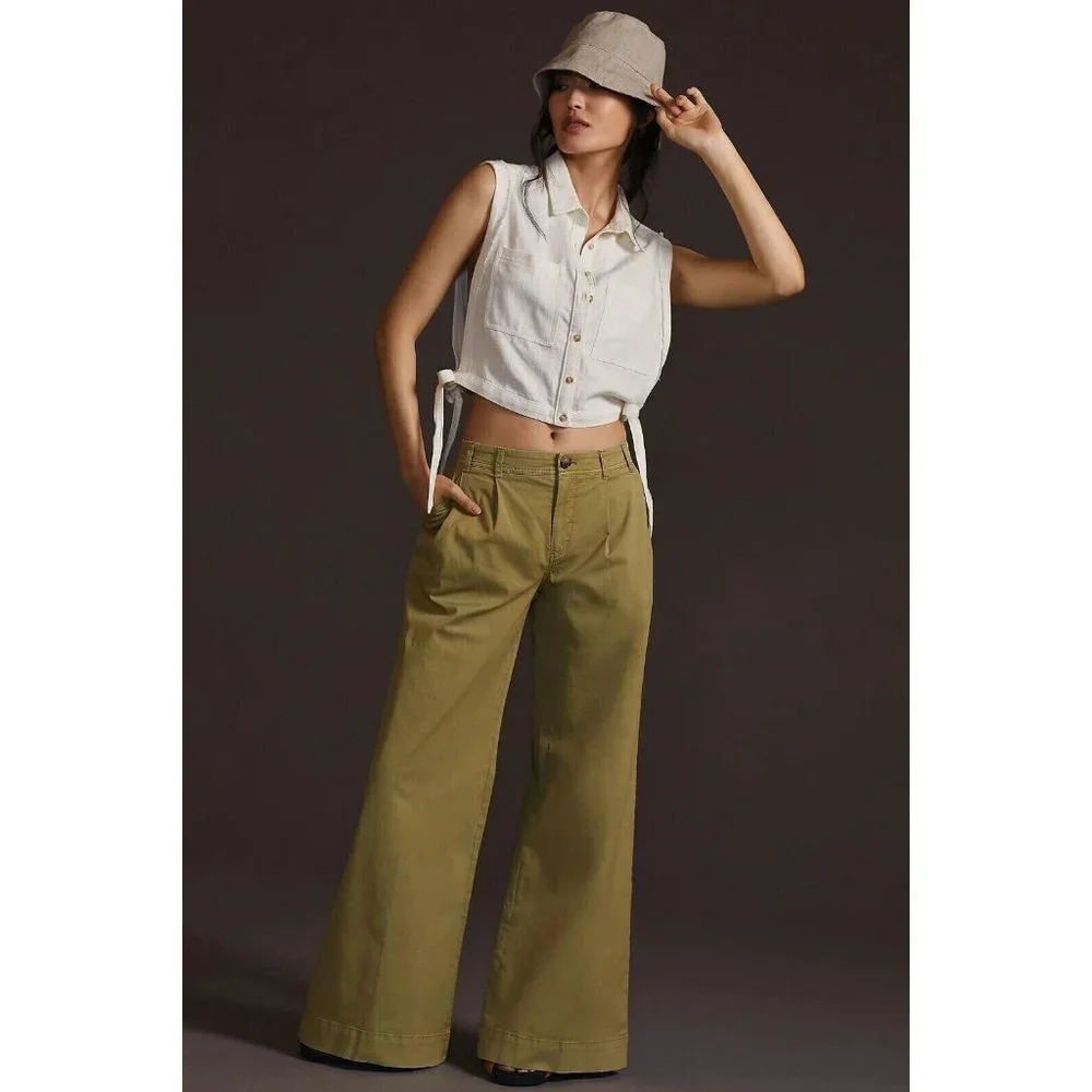 NWT Anthropologie Mid-Rise Pleated Trousers Pants 6 $140 Moss Green Wide Leg